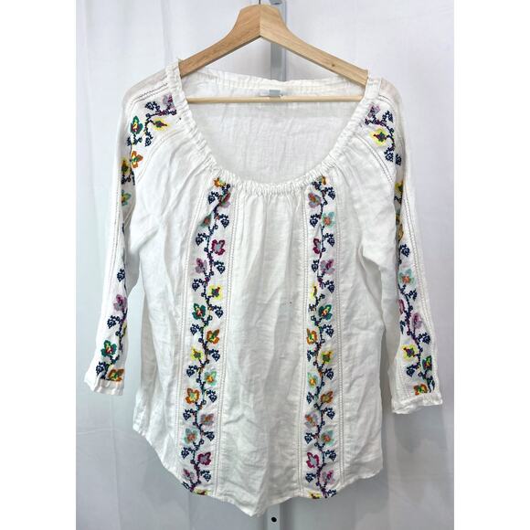J. JILL Love Linen  Size XS Embroidered Peasant Top 3/4 Sleeve White Multicolor - Picture 1 of 9